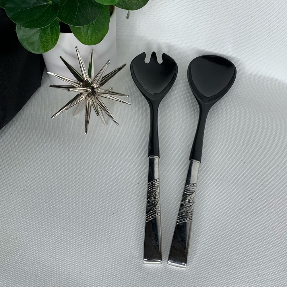 Vintage Oneida CATALINA stainless steel and black plastic handled salad servers